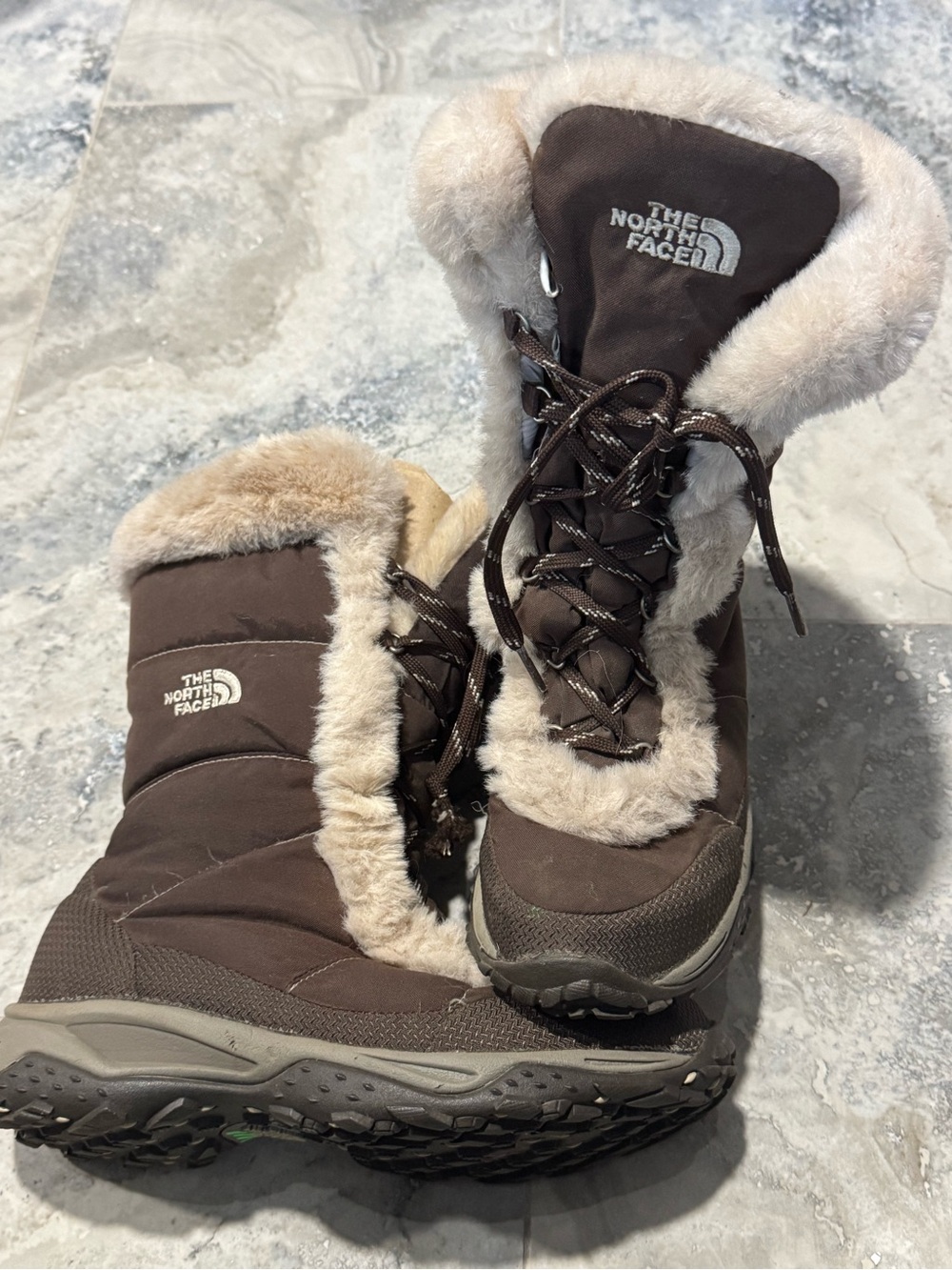 The North Face Women's Brown Faux-Fur Trim Insulated Snow Boots Goose Down